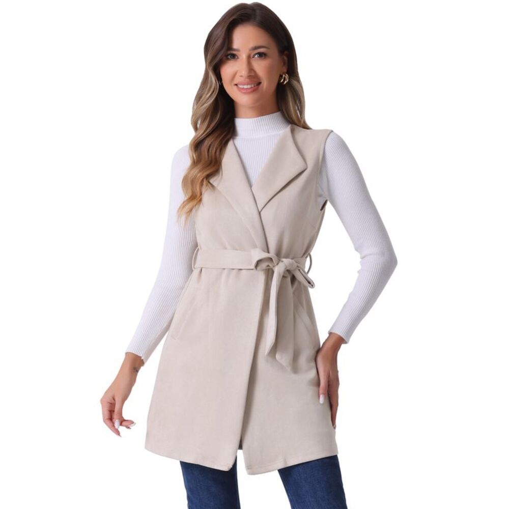 Faux Suede Vest Cardigan Belted Long Jacket Sleeveless Blazer Beige